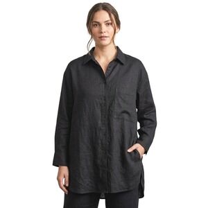 Womens Black Linen Oversized Button Down Tunic Shirt with Pockets Size Medium
